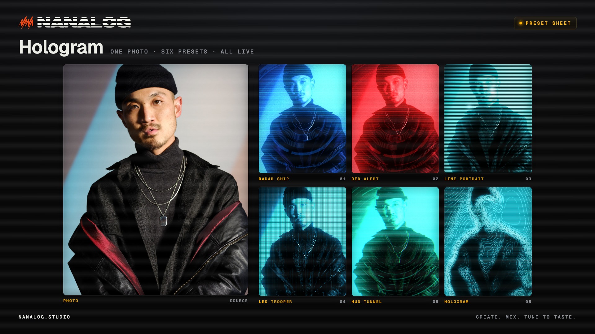Preset sheet: Hologram · six presets